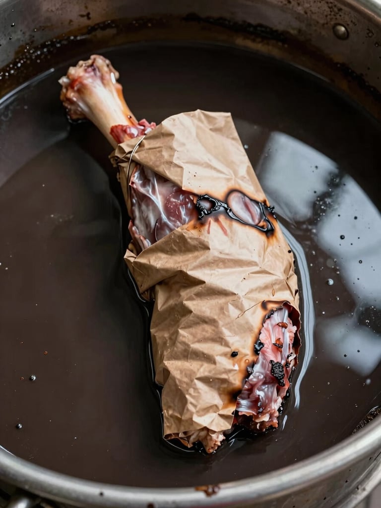Close-up overhead of a kraft-paper-wrapped lamb leg submerged in a dark molten bitumen bath, industrial metal tank visible at edges, harsh daylight from directly above, bitumen surface reflecting light, scorch marks on paper visible at the waterline, documentary framing