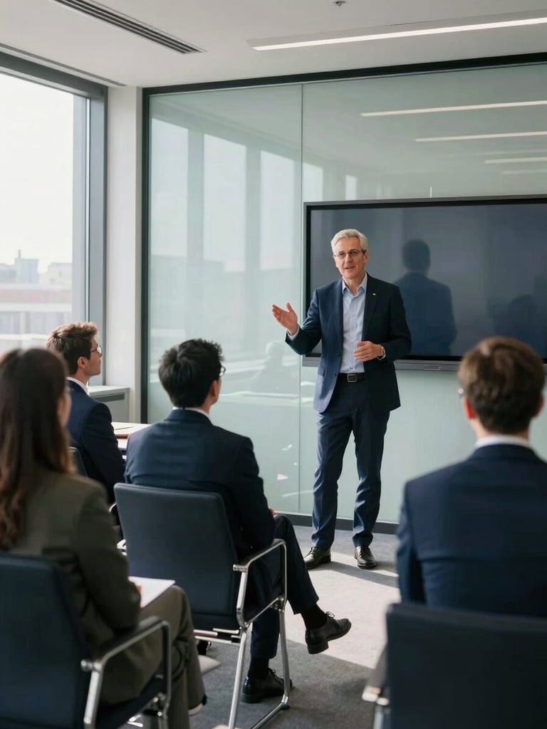 Wide environmental shot of a sales professional mid-presentation in a glass-walled boardroom, gesturing toward a large screen, colleagues attentive, natural north-facing daylight flooding from the left, deep navy chairs in foreground, subject placed right of center with open space to the left