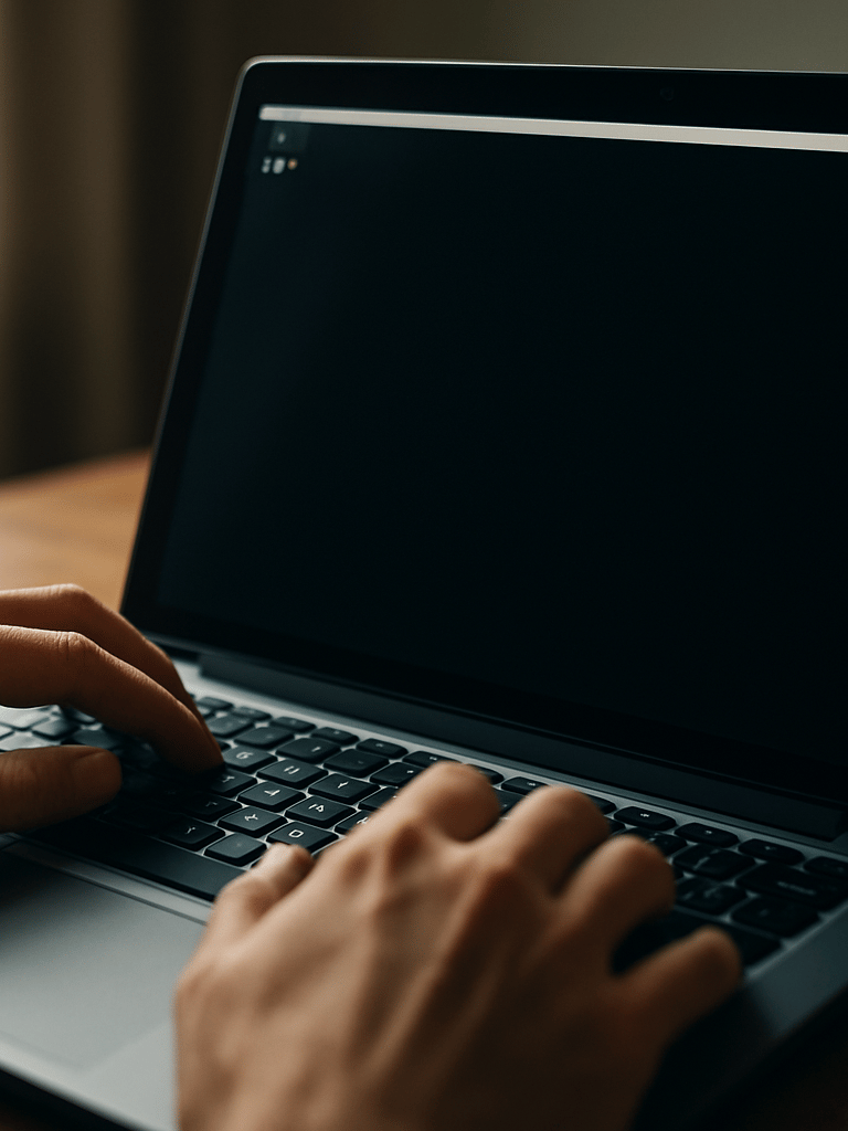 Close-up of a laptop screen showing a sparse terminal interface, hands resting on keyboard, natural window light from the left, shallow depth of field on the code output