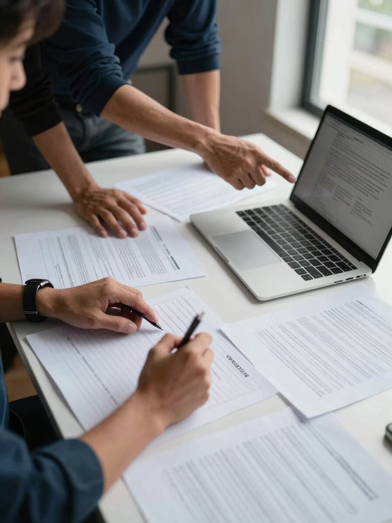Wide shot of two people working together at a desk covered in printed documents and a laptop, natural daylight from a window to the right, one person pointing at a screen while the other takes notes, candid and unposed, focus on the documents and hands