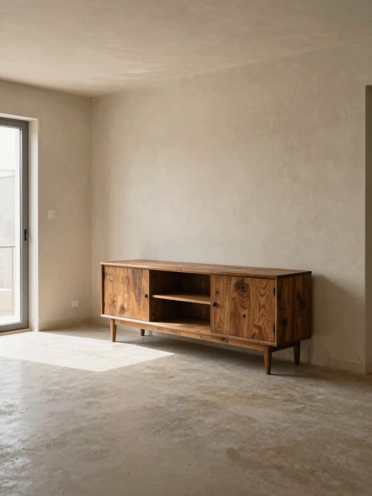 Wide environmental shot of a completed living room interior, north-facing natural daylight, warm plaster walls and aged teak sideboard visible, empty space showing full room proportion and material palette