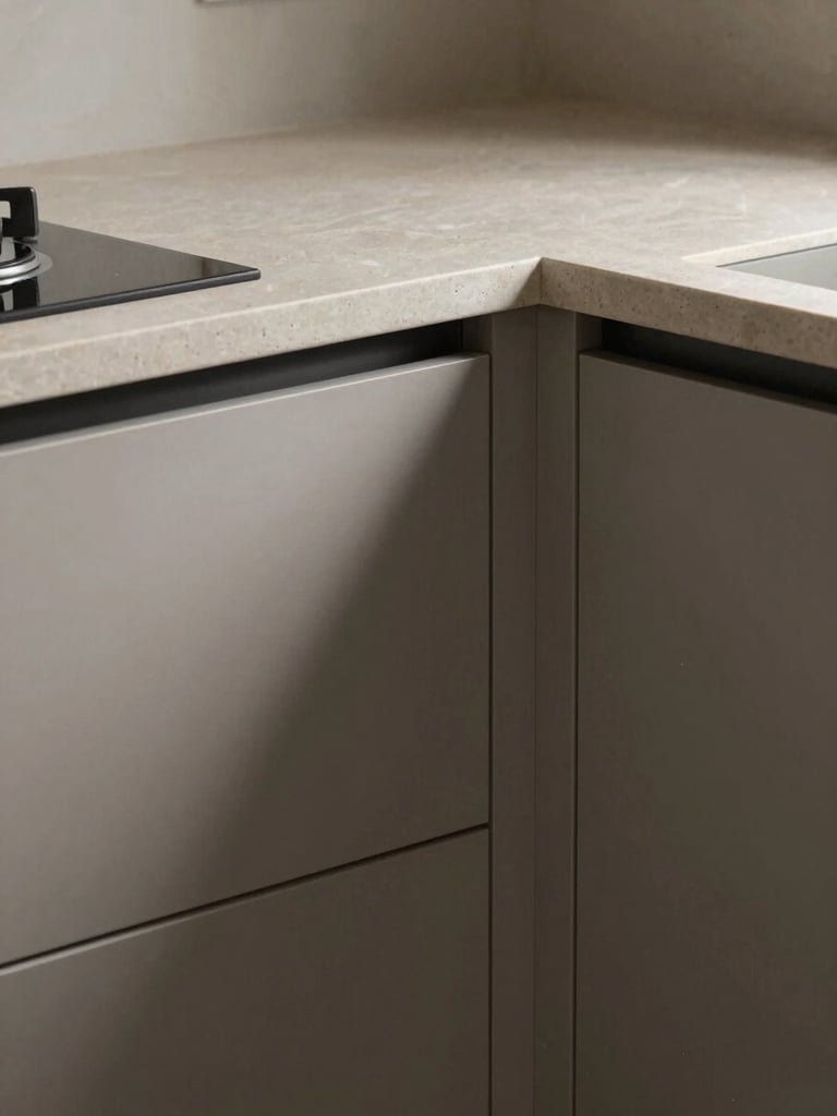 Tight close-up of a modular kitchen corner under diffused north-facing light, matte stone countertop and lacquered cabinet face visible, sharp material texture, no people or props