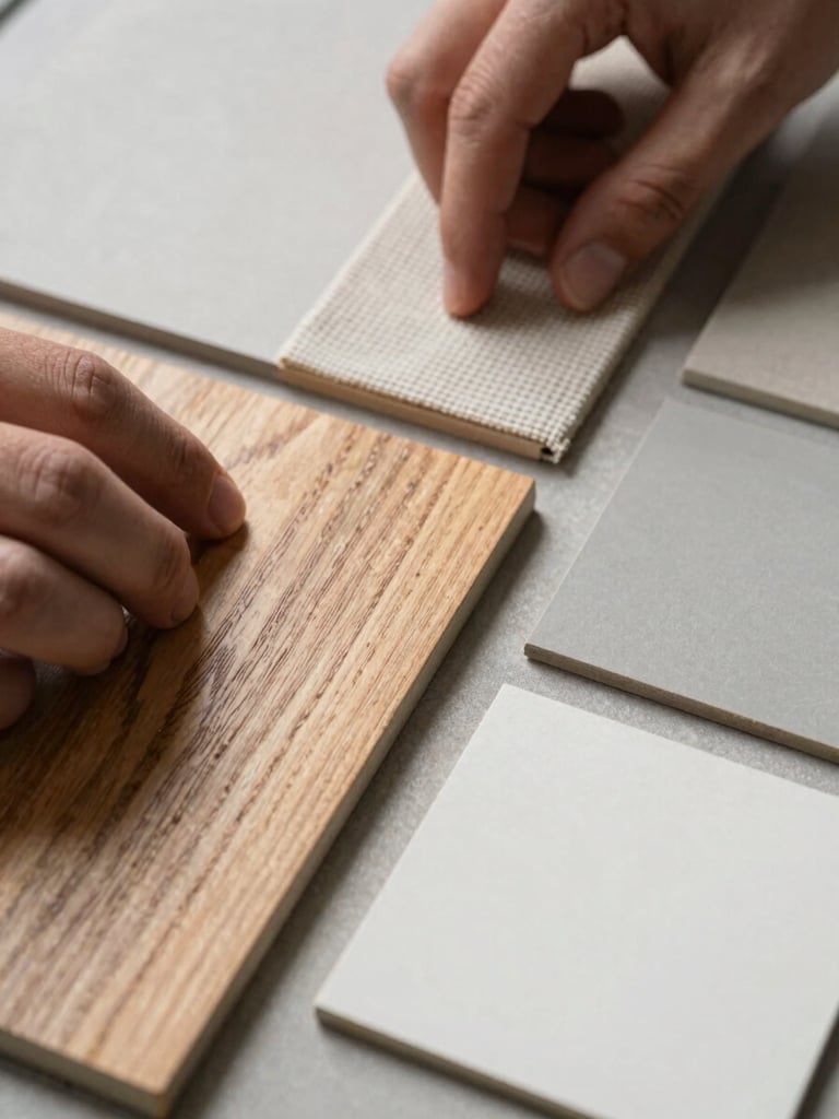 Close-up of material samples arranged on a flat surface — wood grain swatch, fabric weave, and matte paint chip under natural daylight, hands partially visible selecting a tile