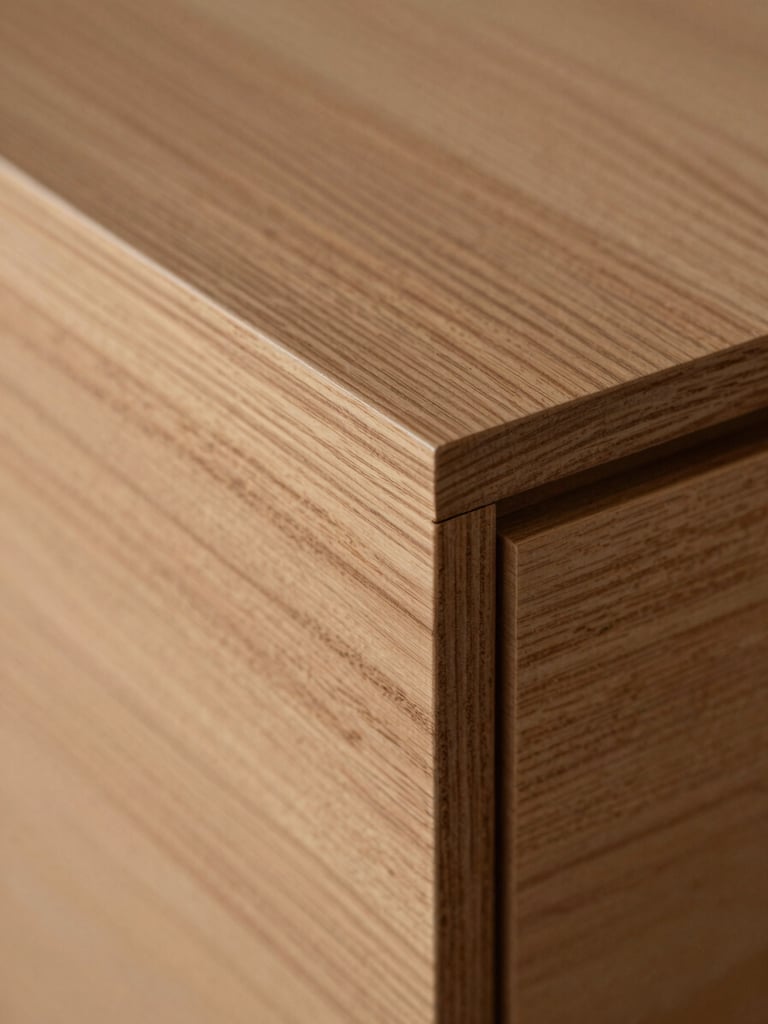 Extreme close-up of a teak wood panel joint — grain running diagonally, matte finish catching diffused north light, precise edge detail visible, no props or styling