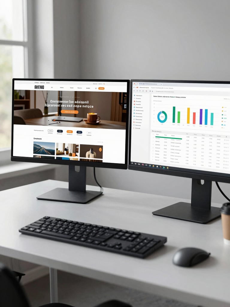 Wide environmental shot of a designer's dual-monitor workstation, left screen showing a polished e-commerce website layout, right screen showing analytics dashboards, natural window light from the left, clean modern desk with notebook and coffee visible at the edge