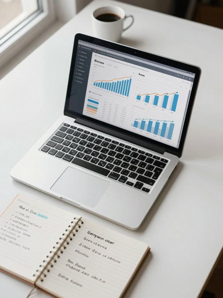 Overhead shot of a desk with an open laptop showing a social media analytics dashboard with engagement graphs and follower growth charts, a spiral notebook with handwritten content notes beside it, a coffee cup at the top edge, natural window light from the left, clean minimal workspace