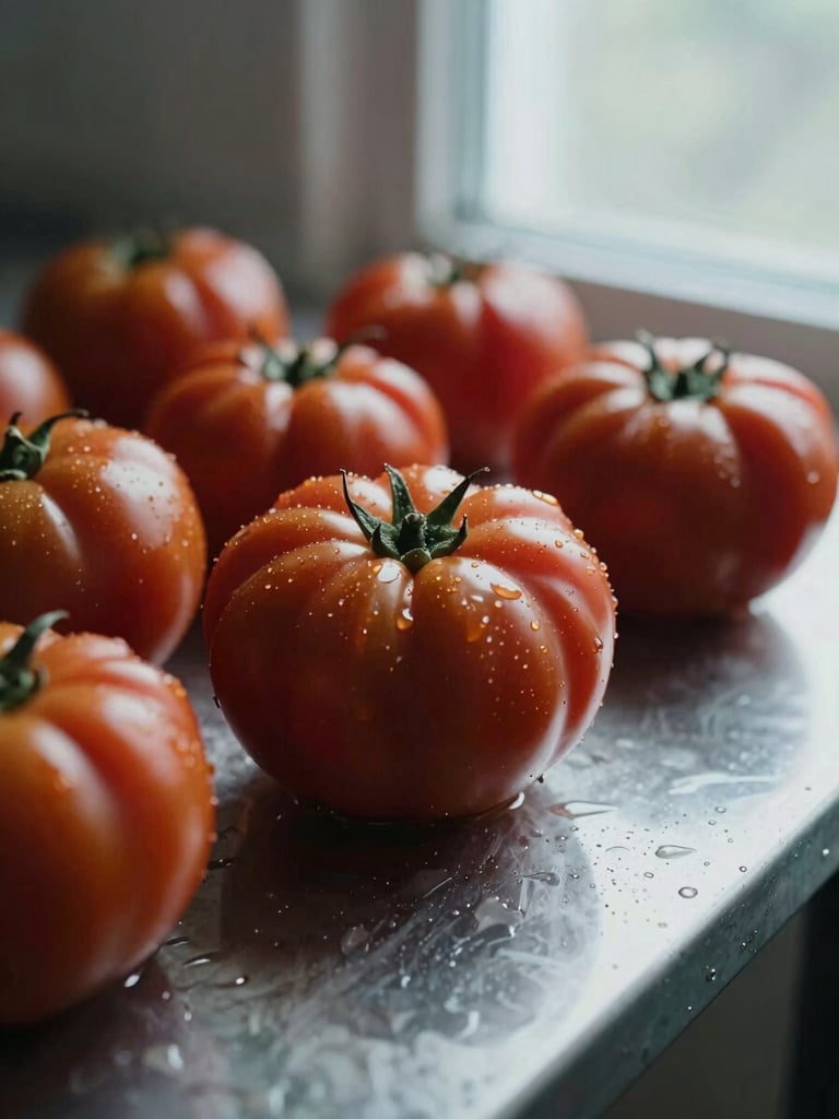 A macro close-up of heirloom tomatoes on a wet zinc prep table, soft overcast daylight from a side window, cold tones.