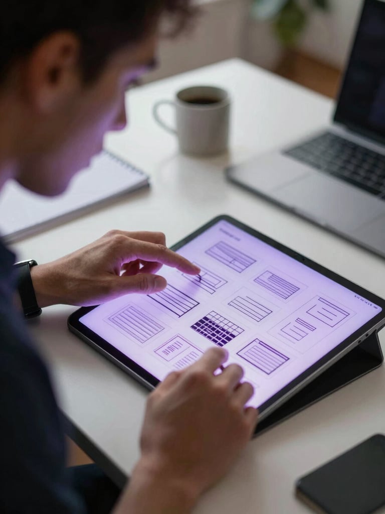 Focused professional working in a calm, natural-light workspace, analyzing structured wireframes on a tablet, cool ambient lighting with sharp violet highlights