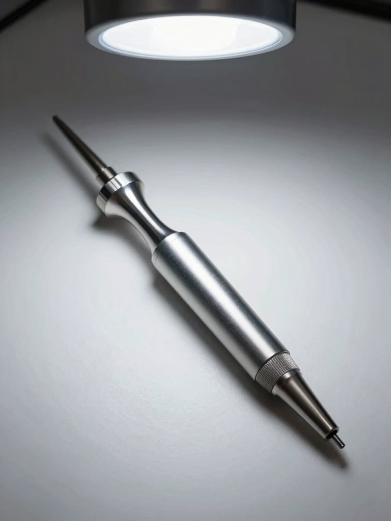 Single ozone therapy applicator instrument isolated on a clean matte clinical surface, cool strobe lighting from above, sharp metallic detail visible, minimal shadow, no background clutter