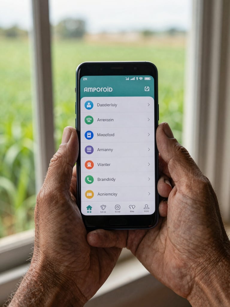 Close-up of a weathered farmer's hand holding an Android smartphone, app interface visible on screen, natural daylight from a field window, device centered in frame with rough skin texture and green crops blurred in background