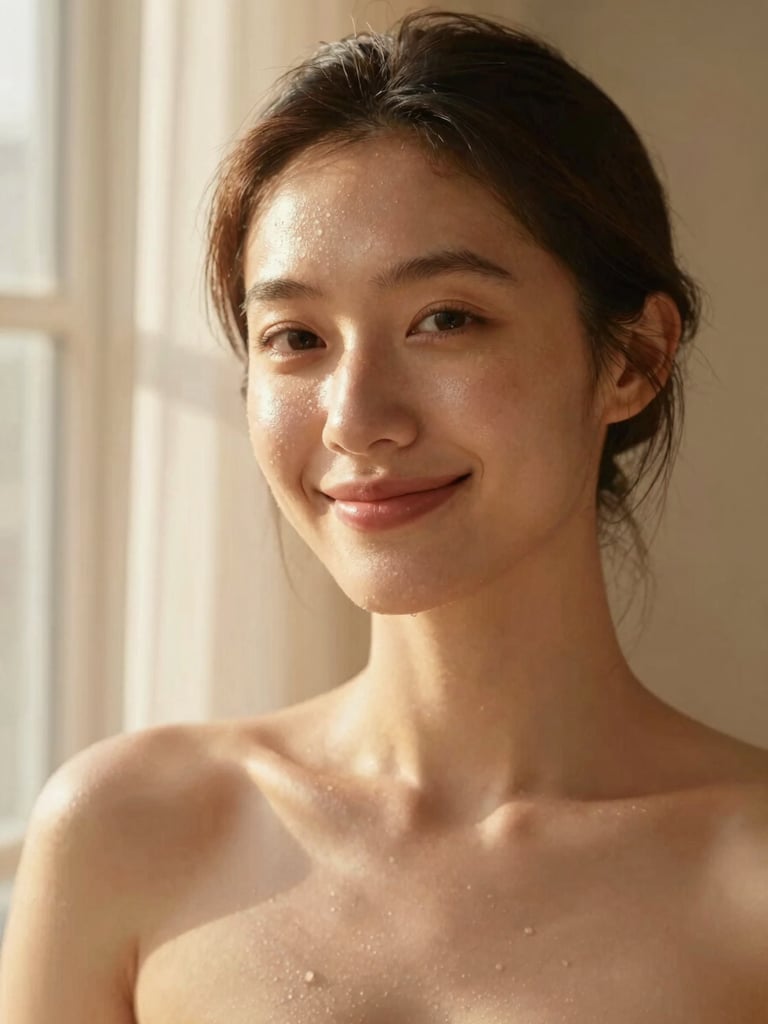 A warm, intimate portrait of a woman with natural, unretouched dewy skin, smiling softly in morning window light