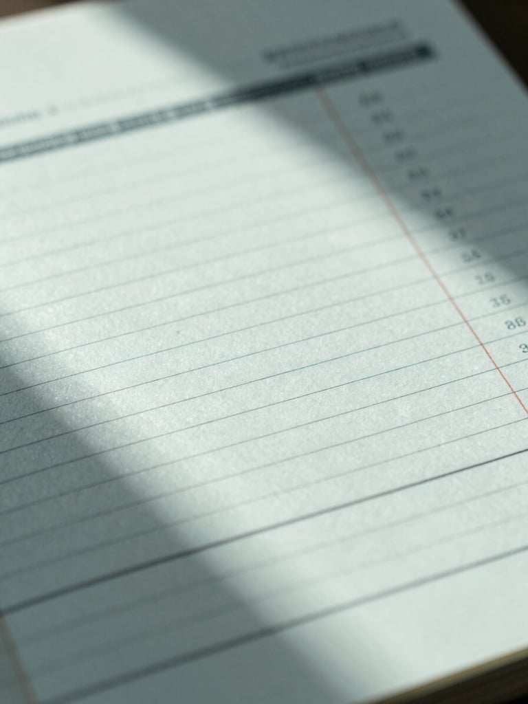 Macro detail shot of a vintage printed financial ledger with sharp shadows, cool overcast daylight, 35mm