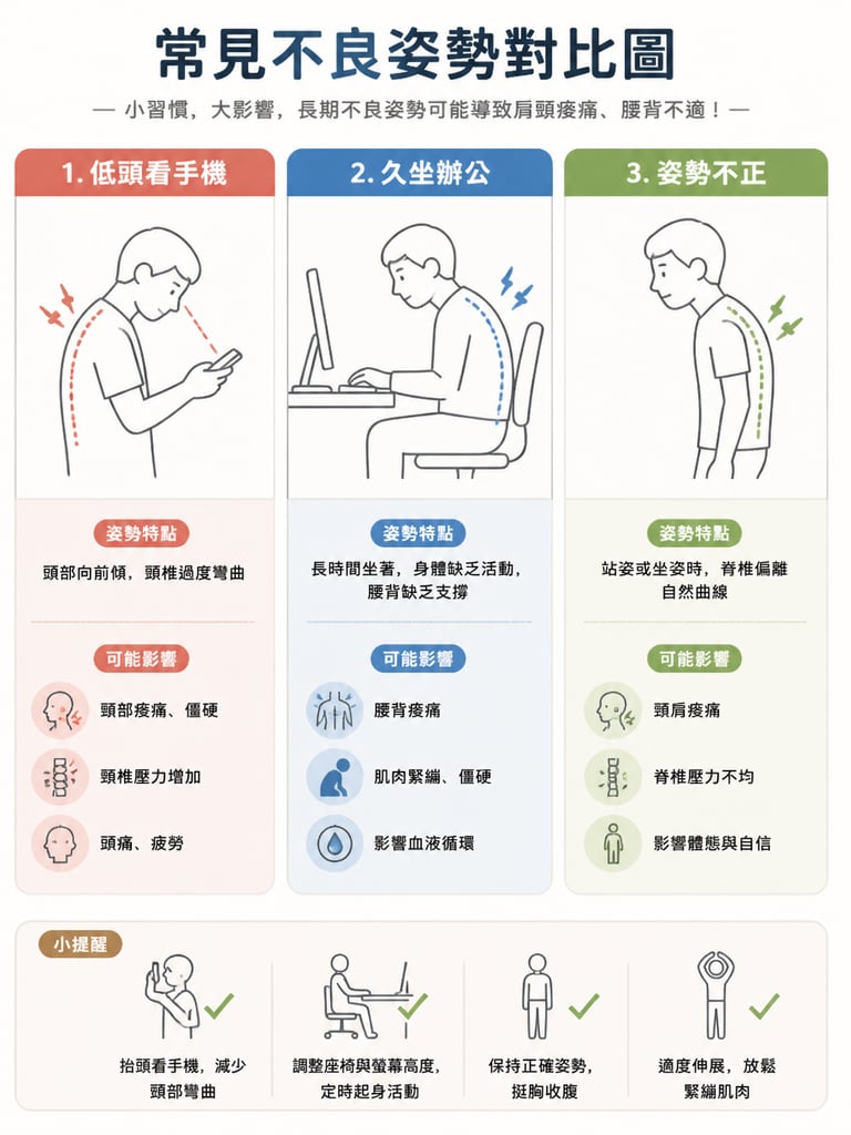 一張簡潔嘅資訊圖（infographic）或示意圖，顯示「低頭看手機」「久坐辦公」「姿勢不正」等幾個常見不良姿勢嘅對比圖示，可用簡單線條人物呈現。