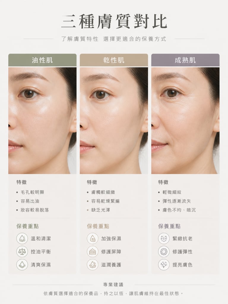 三種膚質對比圖 左:油性肌(毛孔較明顯) 中:乾性肌(較細緻但偏乾) 右:成熟肌(輕微細紋)