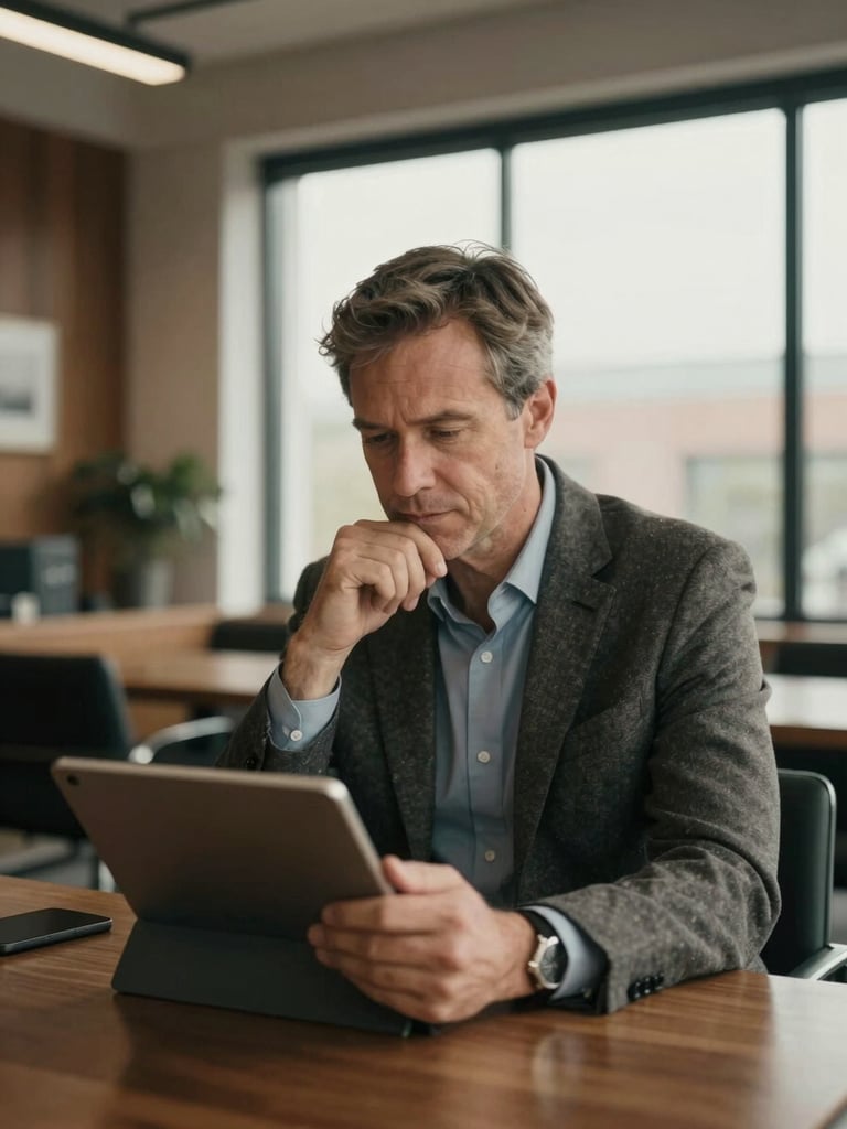 Rick Olson, a professional man in his 50s, in a warm, naturally lit modern office, looking thoughtfully at a business plan on a tablet. Environmental portrait, rich desaturated tones.