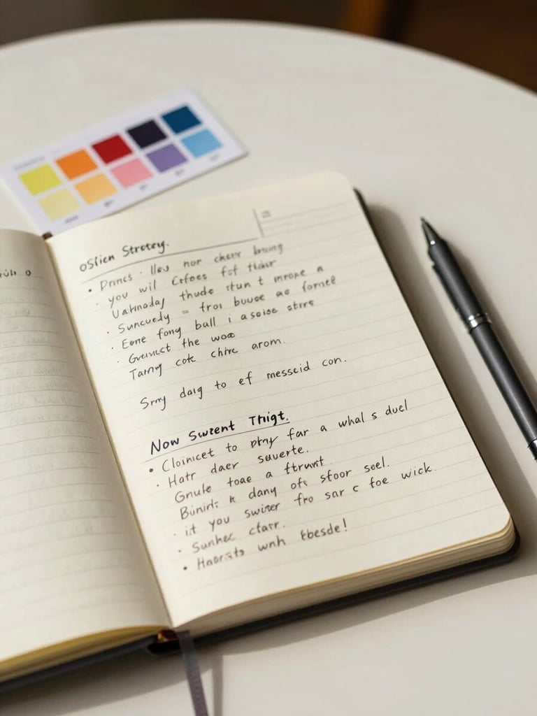 Close overhead shot of an open notebook on a pale cream desk, handwritten content strategy notes visible with ink annotations, a single color swatch card and a mechanical pencil resting beside it, north-facing diffused daylight, no shadows