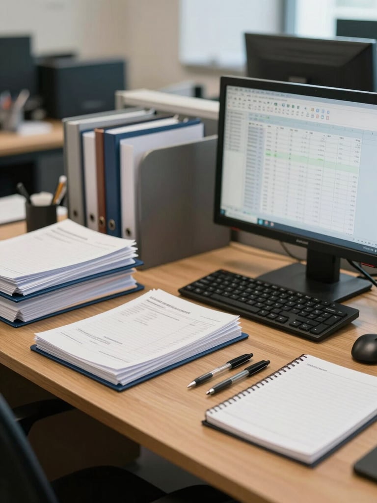 Wide shot of a clean, orderly accounting office interior in natural daylight — a wooden desk with stacked document folders, a monitor displaying a spreadsheet, pens aligned precisely beside a notepad, no people