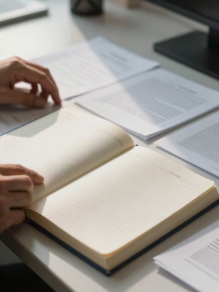 Close-up of organized office desk, open ledger book and printed documents neatly arranged under cool natural window light, a pair of hands resting on the records, no faces visible
