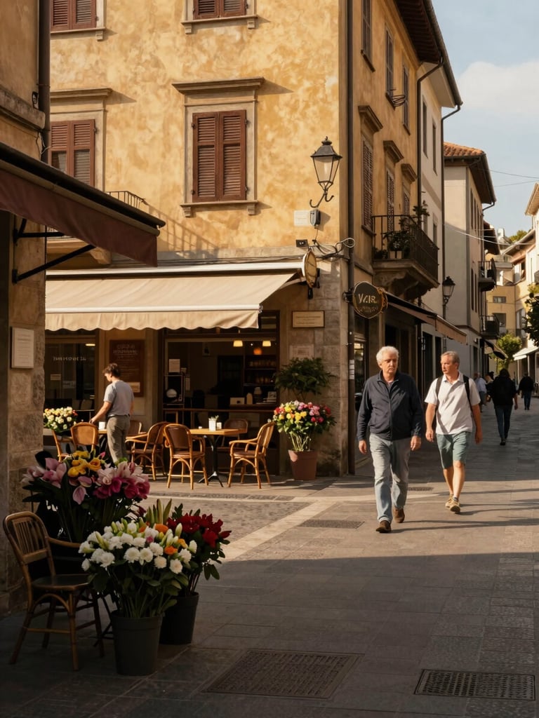 Wide environmental shot of a sun-warmed European street at human eye-level, late afternoon golden light, locals walking past a corner café with chairs on the pavement, warm plaster walls, a flower stand in the foreground, no tourists
