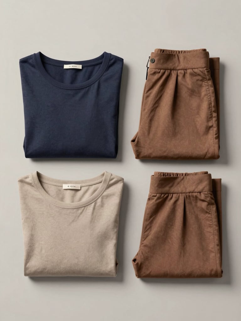 Frontal studio shot of folded women's tops and trousers arranged on a clean neutral surface, diffuse even lighting, clear fabric texture and color visible, direct product-first framing with no styling props