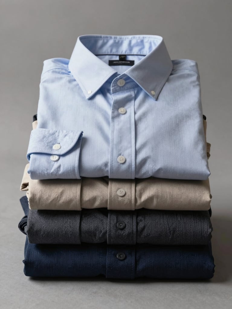 Frontal studio shot of folded men's shirts and trousers stacked on a neutral flat surface, consistent diffuse studio lighting, fabric weave and color clearly legible, no lifestyle props or background