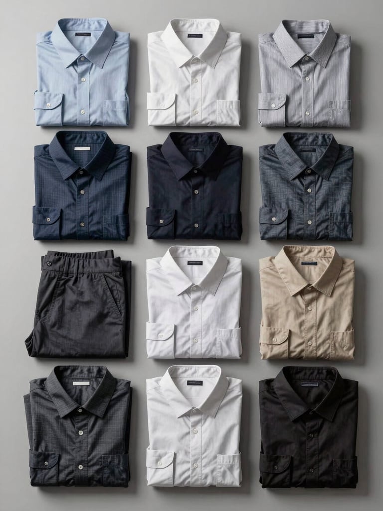 Flat-lay studio shot of neatly folded garments arranged in precise rows on a neutral light grey surface — shirts, trousers, and folded fabric showing texture and construction detail. Diffuse overhead studio light, consistent temperature, no shadows. Frontal top-down framing, full-bleed composition, no people, no lifestyle props.
