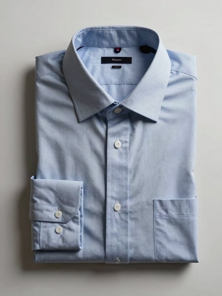 Flat-lay studio shot on a neutral light surface: a neatly folded men's dress shirt beside a folded women's blouse, both centered in frame, diffuse overhead light revealing fabric texture and stitching, no shadows, no props, direct frontal framing