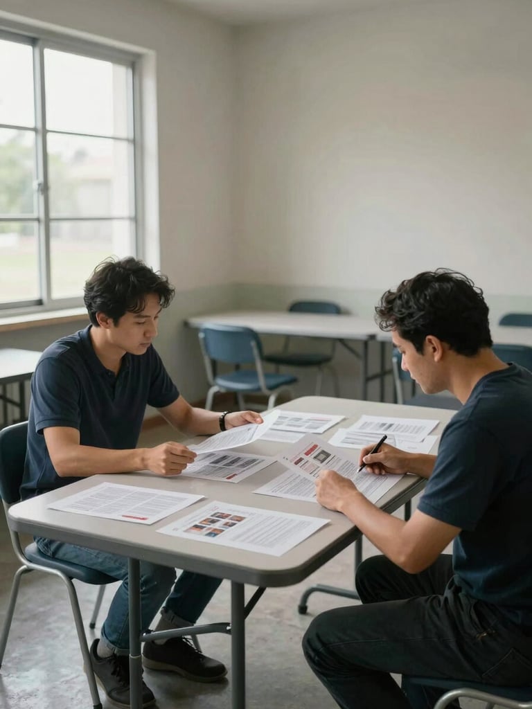 Wide shot of two people seated across a folding table in a community room reviewing printed materials together, daylight from a window to the left, papers and a pen on the table, working posture, no faces clearly visible