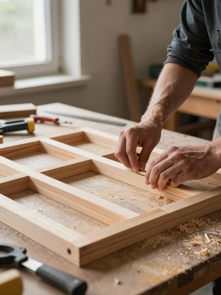 Close-up wide shot of two pairs of hands assembling wooden frame pieces on a workbench, natural daylight streaming in from a window to the left, sawdust and tools visible on the surface, no faces, documentary framing