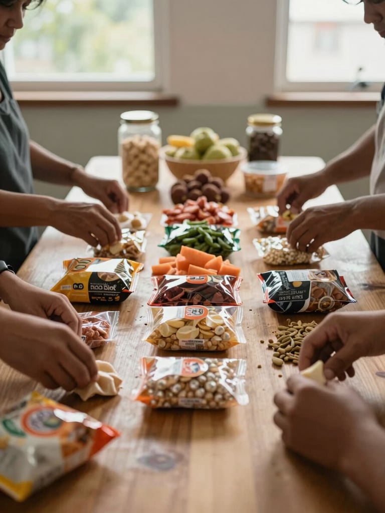 Close-up wide shot of two pairs of hands sorting food staples on a wooden table inside a community room, natural daylight through side windows, produce and dry goods visible mid-arrangement, no faces, working documentary framing