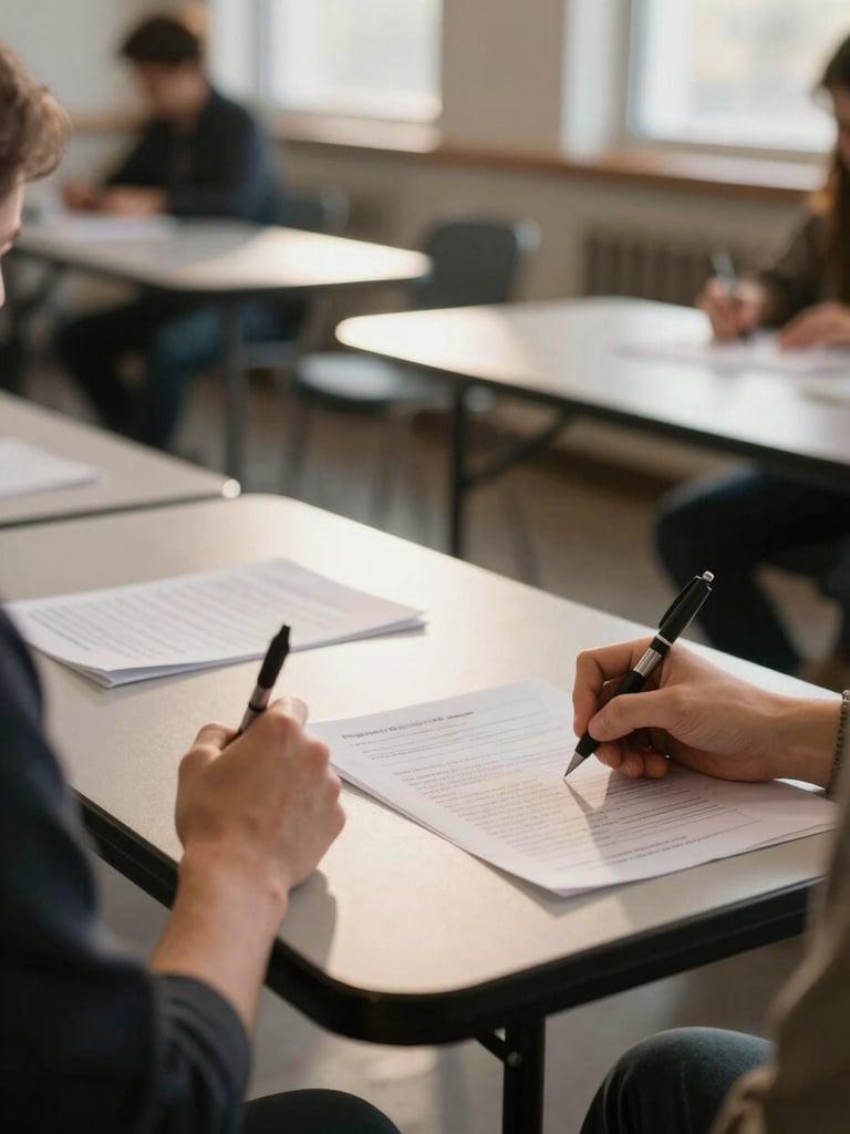 Close-up detail of a community meeting room in use — folding tables arranged in a cluster, printed worksheets and pens spread out, a participant's hands writing on paper under warm fluorescent and natural window light, chairs occupied in soft background blur, no faces visible