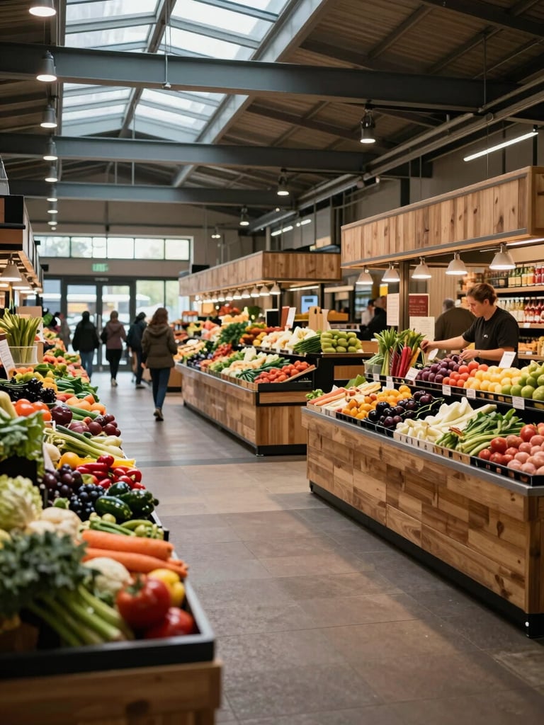 Wide shot of a modern food market interior in early morning before opening, wooden stalls with seasonal produce arranged in rows, overhead industrial lighting supplemented by daylight from skylights, a single market operator adjusting a display in the right third