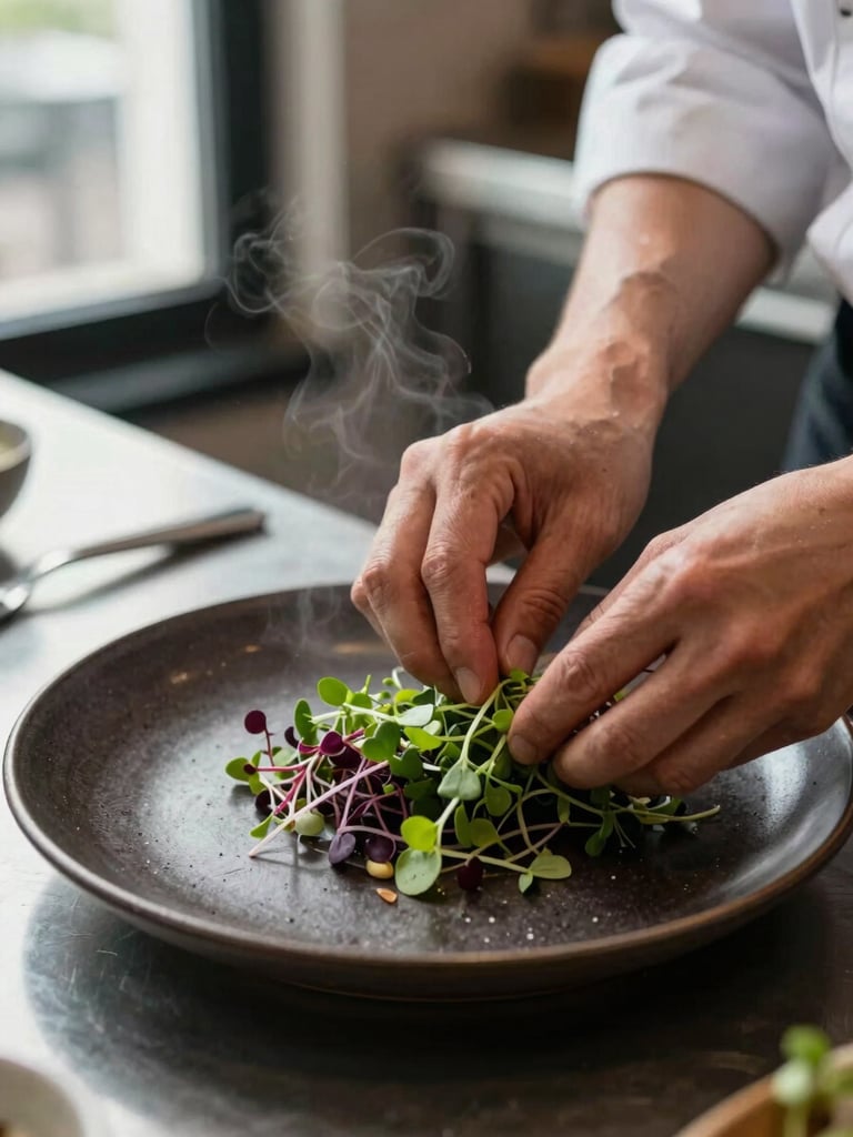 Close-up overhead of a chef's hands arranging microgreens on a dark ceramic plate in a boutique restaurant kitchen, north daylight from a side window, steam rising faintly, mise en place visible at edges of frame