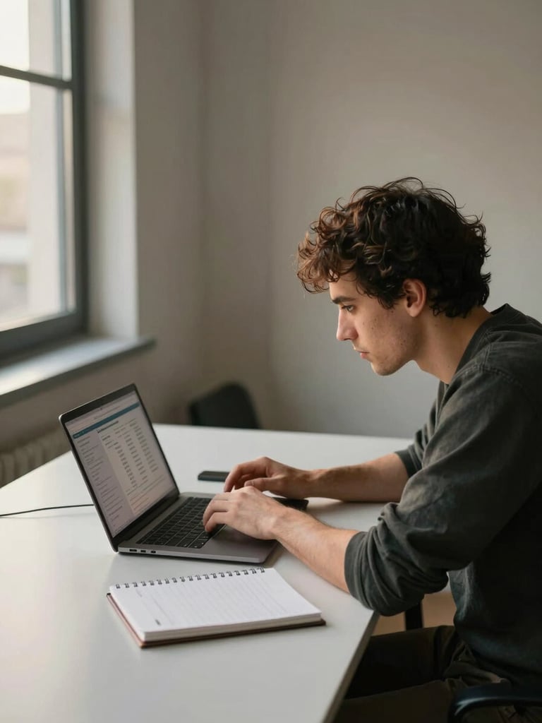 ZT Studio team member reviewing analytics on a laptop at a minimalist desk, warm afternoon light through a window to the left, a small notebook open beside the keyboard, quiet operational focus, documentary framing