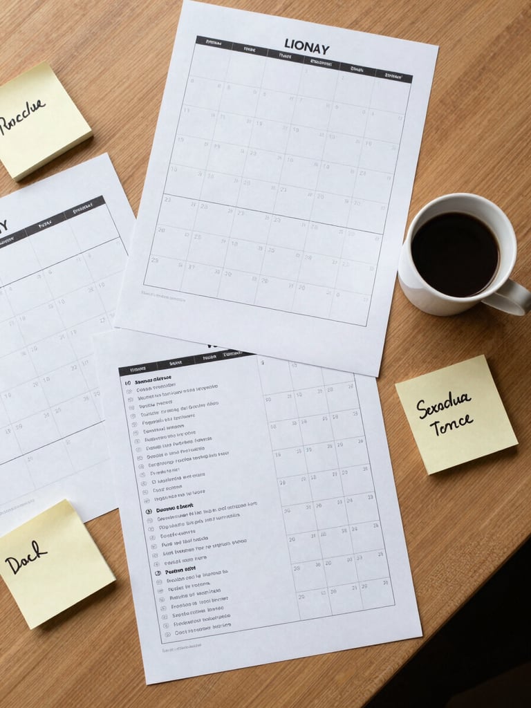 Overhead flat-lay of a content planning session on a large wooden table, printed calendar sheets, a seasonal produce list, a coffee cup, and a few handwritten sticky notes, soft diffused north-facing light, clean documentary aesthetic