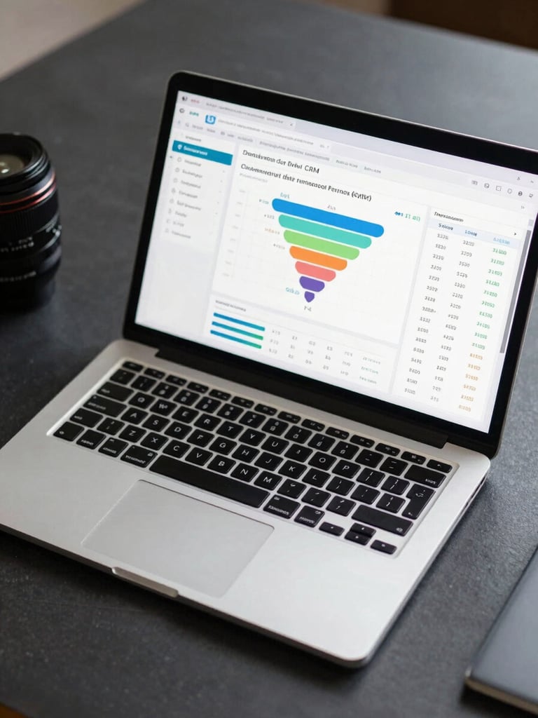 Close-up overhead flat-lay of a laptop showing a CRM dashboard with conversion funnel data and lead tracking metrics, on a dark matte desk surface, clinical studio lighting, sharp focus on screen