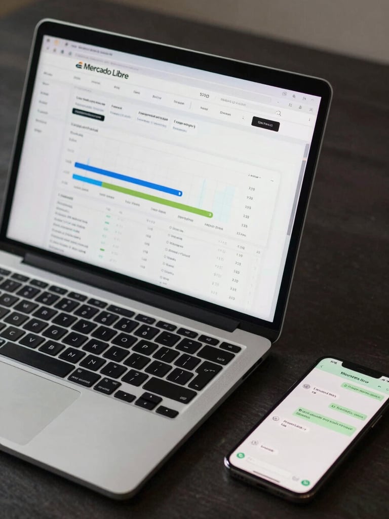 Close-up overhead flat-lay of a laptop screen showing a Mercado Libre product listing dashboard with analytics chart, on a dark desk with a phone showing WhatsApp conversation beside it, clinical studio lighting