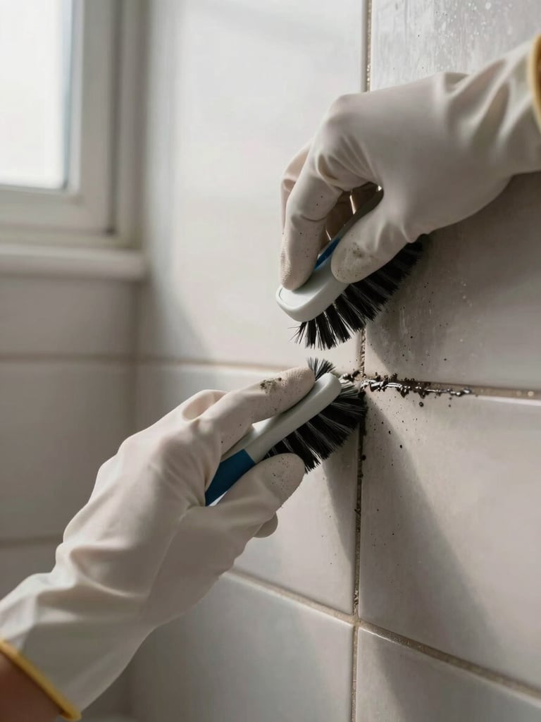 Overhead close-up of gloved hands actively scrubbing tile grout lines in a bathroom, natural window light from the left, the grout visibly dark with buildup, cleaning brush bristles in contact with the surface, no staging, shot during actual work