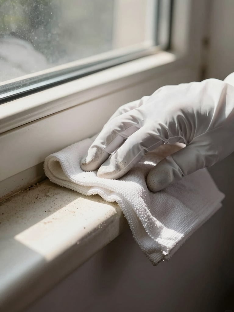 Extreme close-up of a gloved hand pressing a white cloth against a grimy baseboard, natural daylight from a nearby window raking across the surface, dust and residue visible in the light, no styling, residential interior