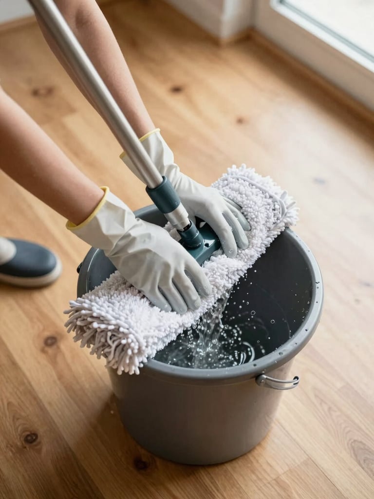 Overhead shot of a cleaner's gloved hands actively wringing a mop over a bucket on a bare hardwood floor, cleaning solution visible in the bucket, natural window light illuminating the floor surface, no faces visible, equipment and physical labor the entire subject