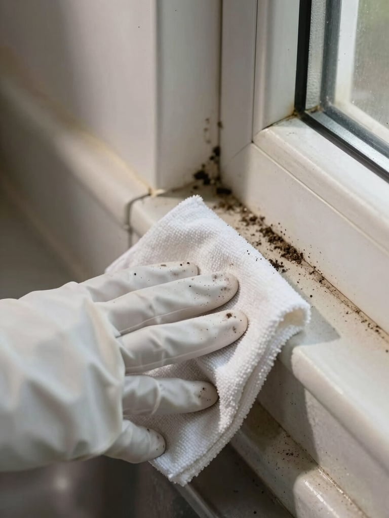 Extreme close-up overhead shot of a grimy kitchen baseboard corner, natural midday light from a nearby window, gloved hands pressing a white cloth into the built-up grime along the edge, actual dirt residue visible on the surface before treatment