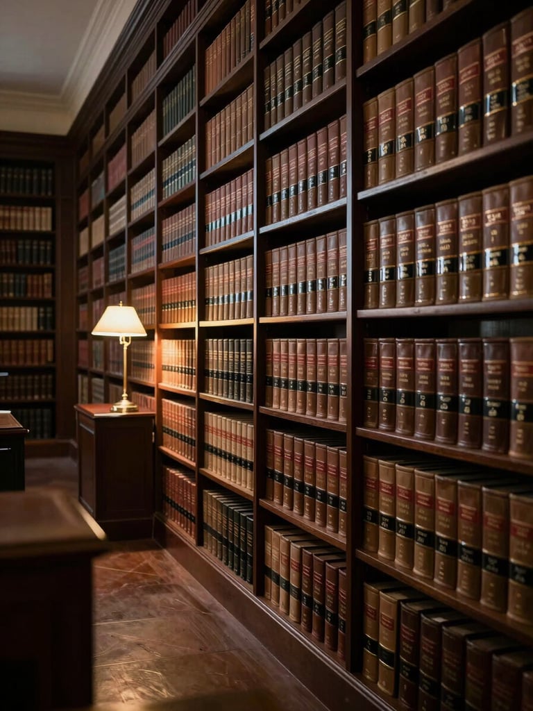 Wide environmental shot of a darkened law library, floor-to-ceiling leather-bound legal volumes lining the walls to the right, a single warm desk lamp casting a low-key golden glow across the shelves, deep shadow in the foreground, no people visible, institutional gravitas