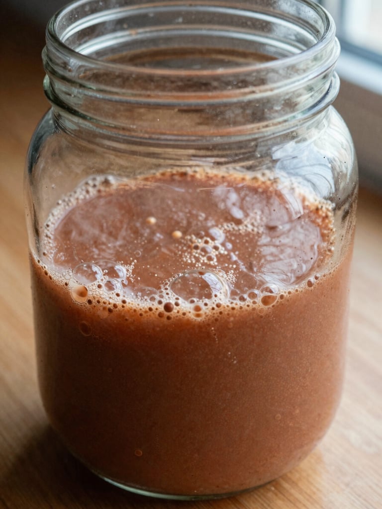Extreme close-up overhead shot of a glass jar of active sourdough starter on a wooden surface, bubbles visible throughout the culture, natural window light from the side, slight film grain, terracotta tones, no text or labels