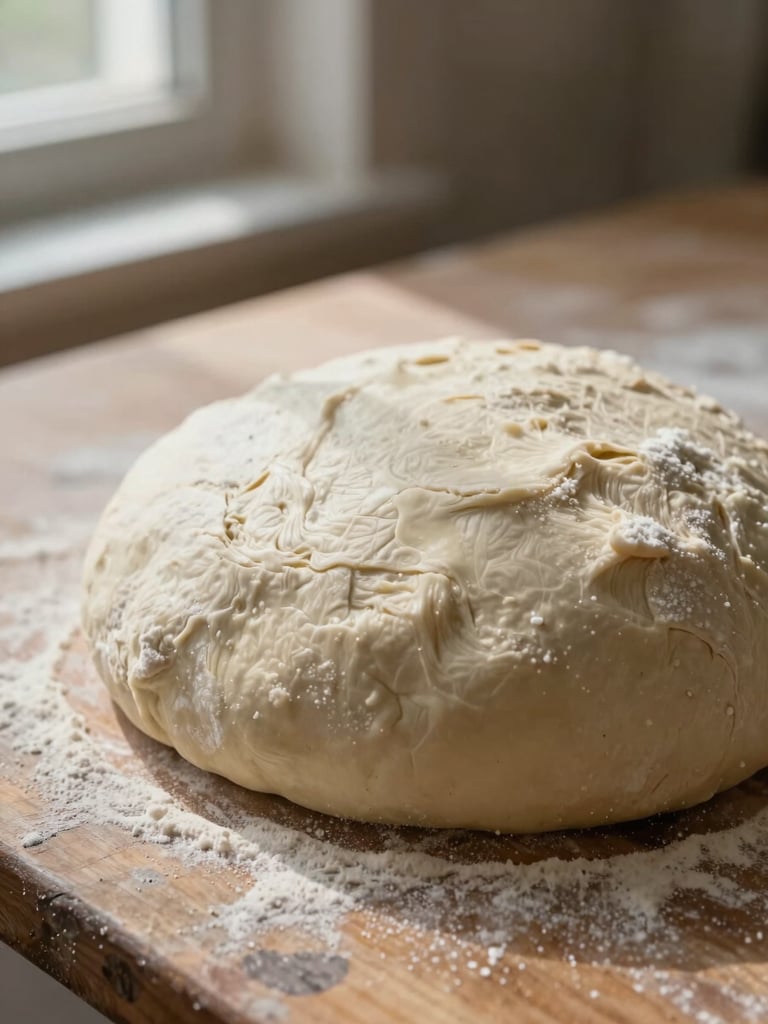 Extreme close-up of a raw dough ball mid-fermentation resting in a floured proofing basket on a weathered wood surface, natural window light from the left casting soft shadows across the dough's surface texture, grain visible, no human hands, documentary framing