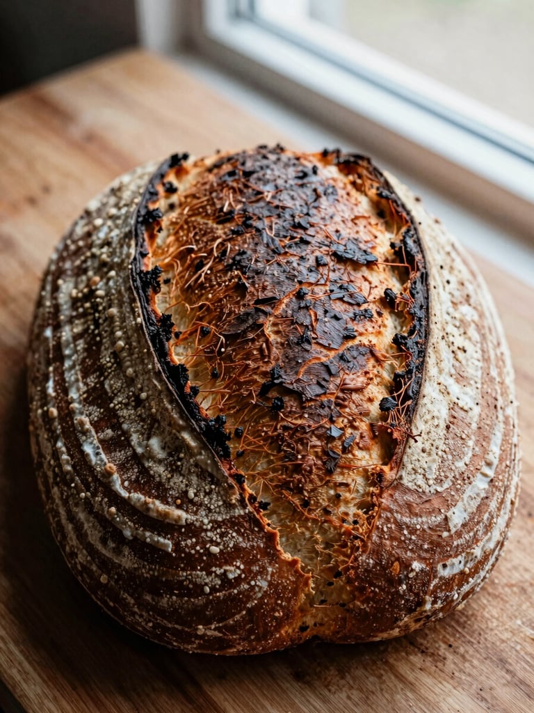Close-up overhead of a scored sourdough loaf just pulled from a clay baker, crust cracked open along the score line, dark terracotta tones, natural diffused window light, slight film grain, rustic wooden surface beneath, no people