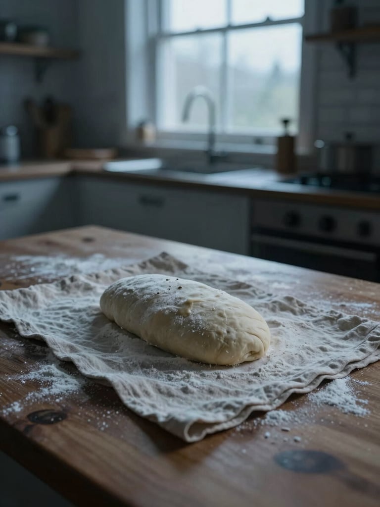 Wide shot of dough resting covered with a linen cloth on a wood table in a dimly lit kitchen at pre-dawn, single window letting in cool grey-blue morning light, flour dusted on the cloth surface, film grain, no people