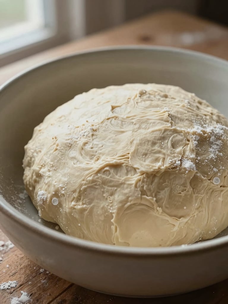 Extreme close-up of a raw dough mass resting in a wide ceramic bowl on a rough wooden surface, natural diffused window light from the left casting soft shadows across the dough's uneven surface, visible flour dust settled on the rim, no hands, no movement — the dough simply sits