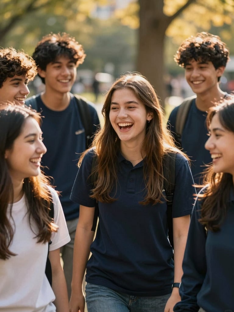 Candid portrait of diverse NYC high school students laughing together in a sunlit park, warm golden-hour lighting, authentic expressions, shallow depth of field