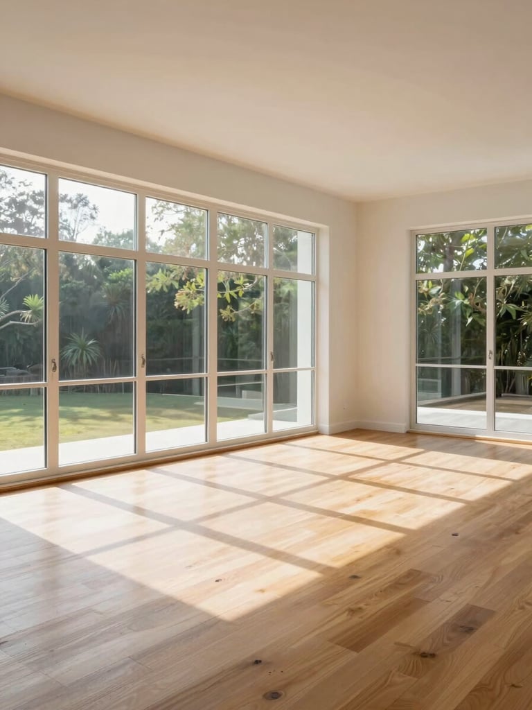 Wide interior shot of a sunlit living room with floor-to-ceiling windows, light hardwood floors, and clean white walls — natural daylight flooding in from the right, showing true room proportion and finish quality