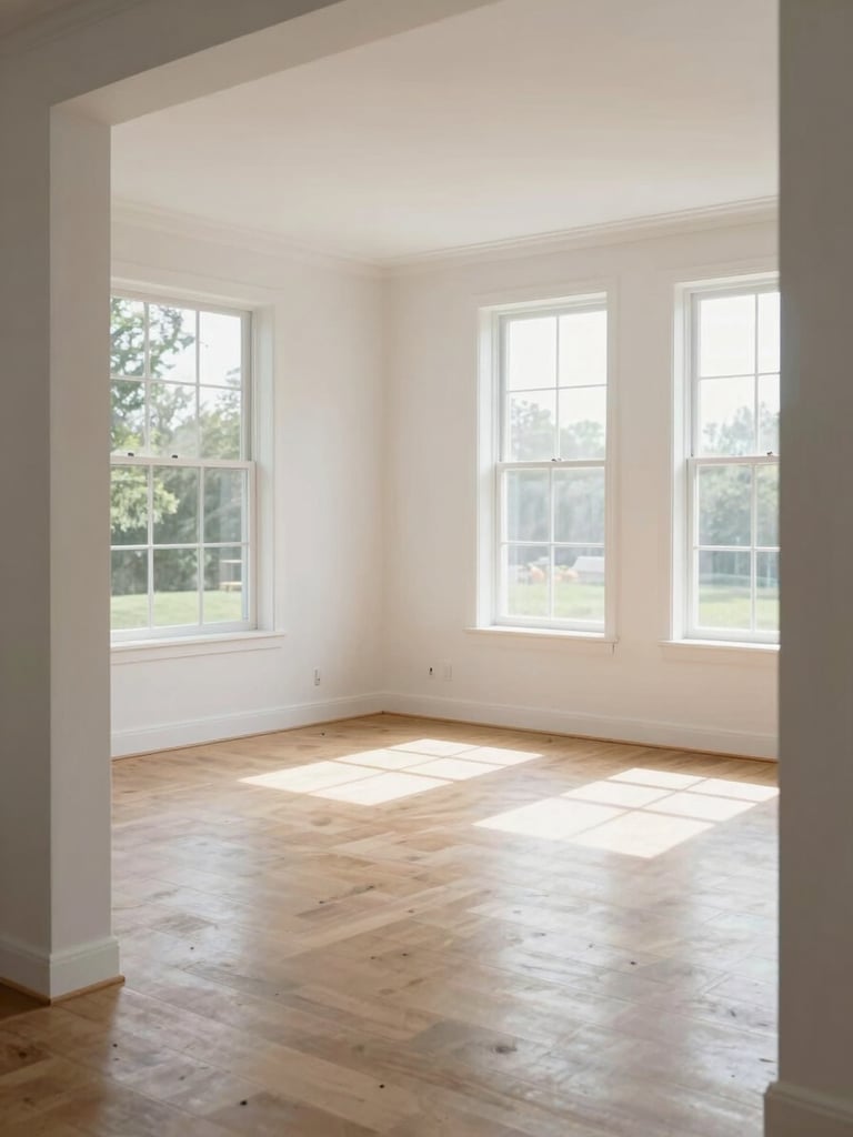 Wide interior shot of a bright living room with large windows flooding the space with natural daylight, clean white walls and light hardwood flooring visible, no people, photographed from the doorway to show full room proportion